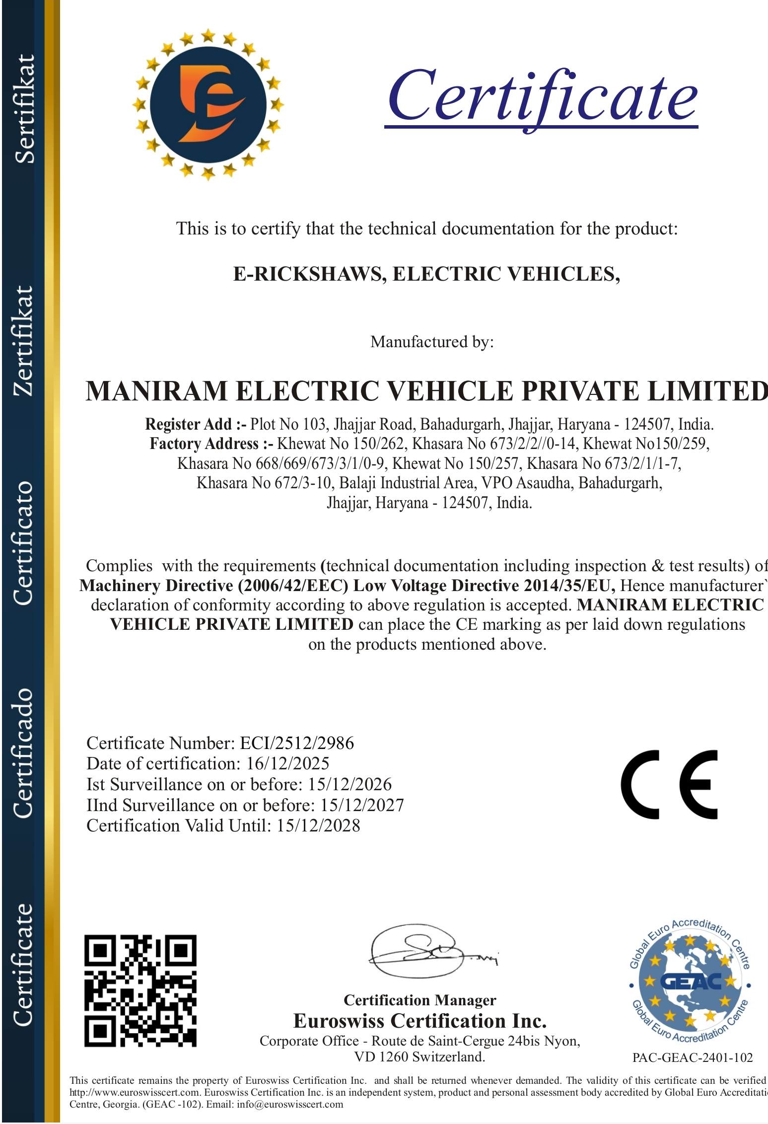 CE / European Conformity Technical Documentation certificate