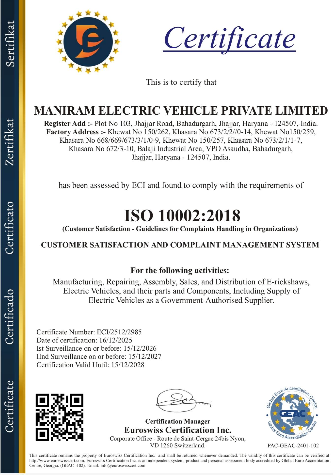 ISO 10002:2018 certificate