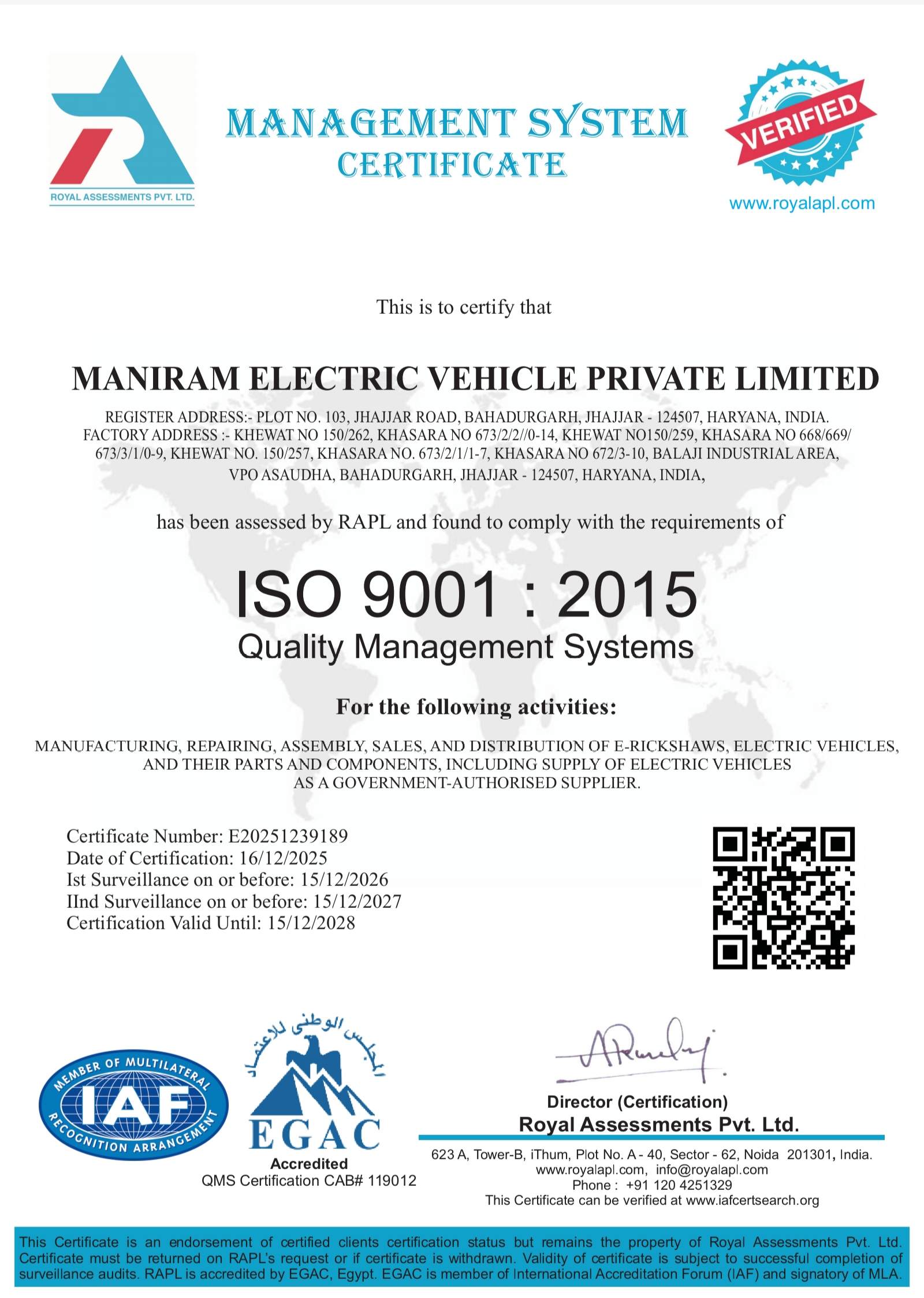 ISO 9001:2015 QMS certificate