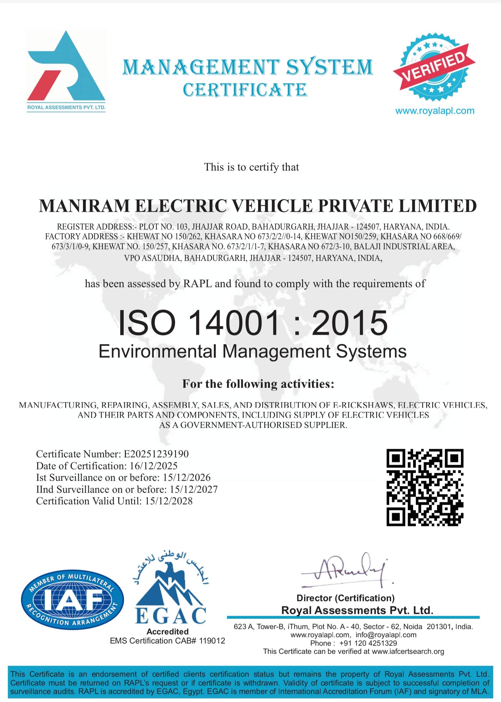 ISO 14001:2015 Environmental Management System certificate