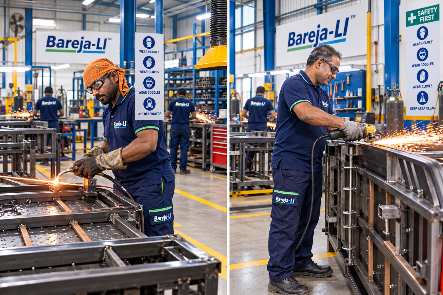 Technicians assembling electric vehicles at the Bareja production line